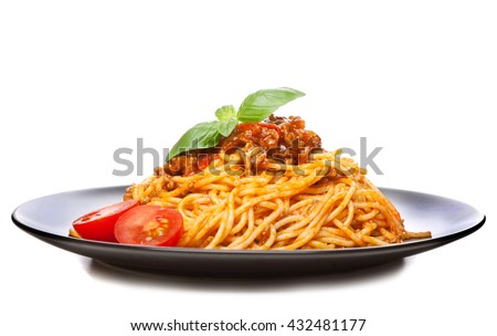 Traditional spaghetti bolognese isolated on white background Royalty-Free Stock Photo #432481177