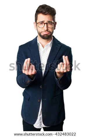 young man doing a money gesture
