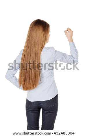 portrait of young business woman writing something and standing back to camera. isolated on white background. business and lifestyle concept