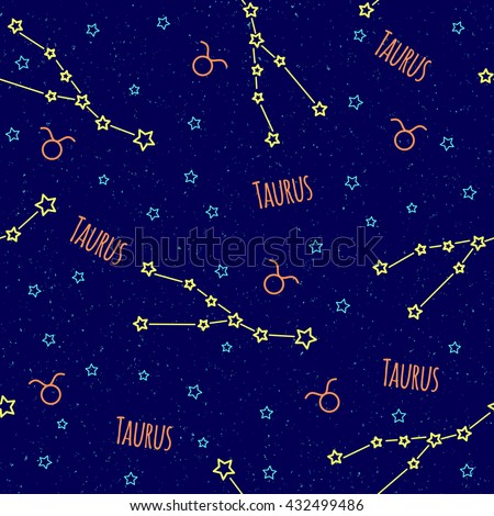 Seamless vector pattern. Background with the image of constellation Taurus zodiac sign on a dark blue background with blue stars. Pattern for design packaging, design brochures, printing on textiles