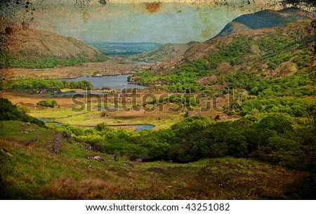 photo grunge of a scenic landscape with lake and mountains