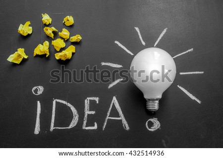 Light bulb with rays on the black chalkboard with title idea! written by white  chalk and crumpled yellow papers, light bulb idea , business idea , business concept ,Innovation concept