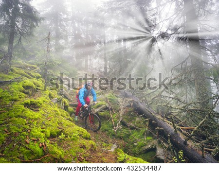 fog rider Ukraine on a mountain bike overcome challenging tracks in the wild alpine forest at dawn on a background of the sun during the Ukrainian Carpathian marathon Vorokhta