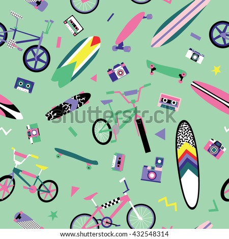 Seamless pattern with bikes, skateboards and surfboards in bright retro style 1