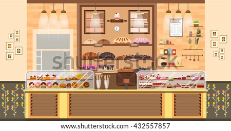 Stock vector illustration interior of bake shop, sale, business of baking sales production of bakery products, pastry, sweets in flat style element for infographic, website Royalty-Free Stock Photo #432557857