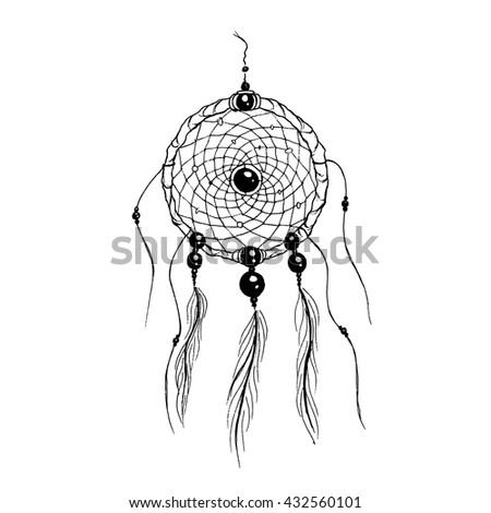 Dream catcher hand drawn vector stock illustration. Whiteboard black and white drawing