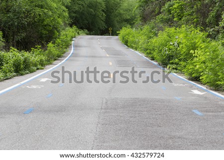 Bike lane, bicycle way, cycling road with white picture and white arrow for direction of transportation for safety with green landscape of suburb road