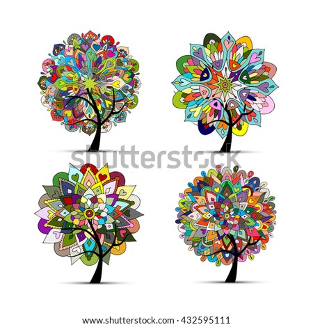 Mandala tree set, floral sketch for your design. Vector illustration