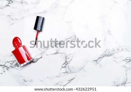 Marble Background with red lacquer. Fashion background. Woman items. View table. Flat lay. Mockup background