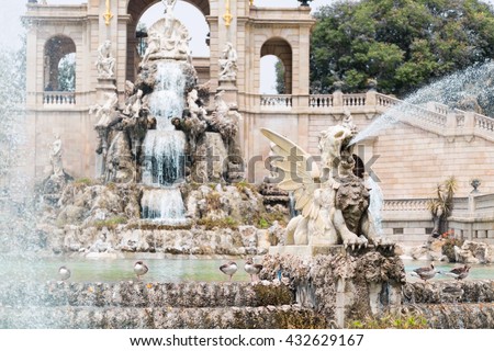 Water spouting winged gryphon statue at the fountain in parc de la ciutadella, Barcelona, Spain