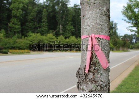 Pink ribbon on tree, street background, road background