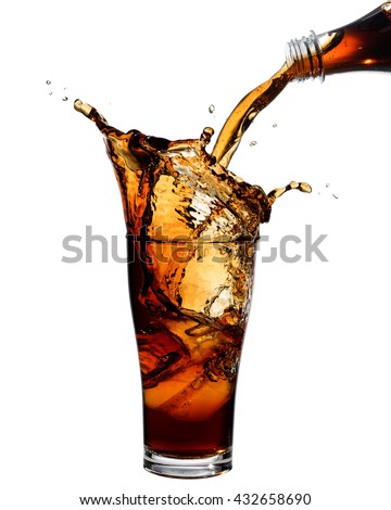 Pouring cola from bottle into glass with splashing., Isolated white background. Royalty-Free Stock Photo #432658690