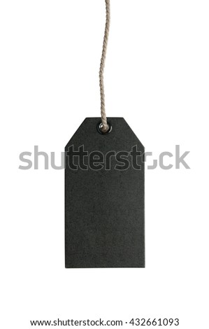 Black paper tag with rope on white background. Background and texture.