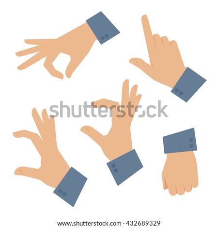 Human hand set on a white background. Vector flat illustration of man hands in various situations. Vector infographic elements for web design, internet, presentation, brochure, booklet. Royalty-Free Stock Photo #432689329