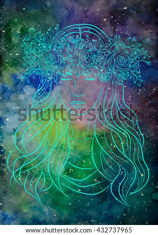 Girl on abstract  background. Space with many stars. Watercolor background. Hipster background. Vector illustration.