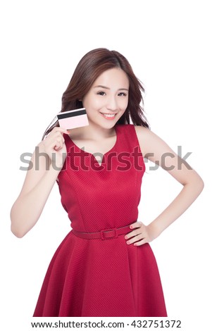 woman shows her credit card ,asia beauty