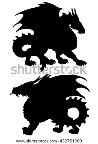 Two big dragon black silhouette on white background. Sketch of tattoo art, Fantasy medieval monster.