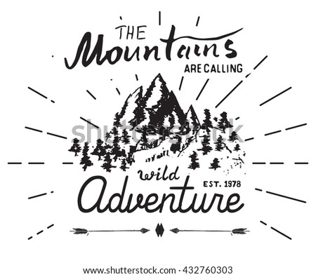 Mountains handdrawn sketch emblem. outdoor camping and hiking activity, Extreme sports, outdoor adventure symbol, vector illustration isolated on white background.