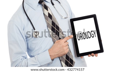 Doctor, isolated on white background,  holding digital tablet - Urology