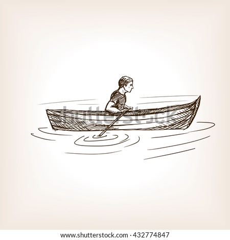 Man in boat sketch style raster illustration. Old hand drawn engraving imitation.