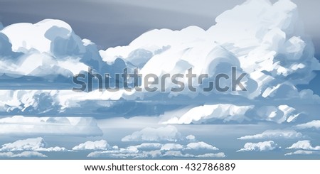 Clouds, sky paintings, daylight. Digital illustrations with wide brush.