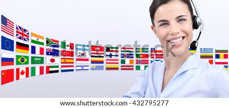 contact us, customer service operator woman with headset smiling isolated on international flags background