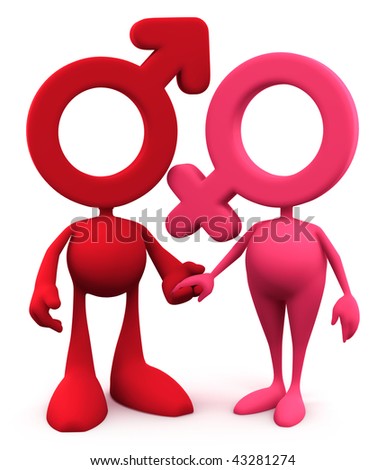 Symbolic Couple. Mars and Venus cartoon symbols, standing together hand by hand