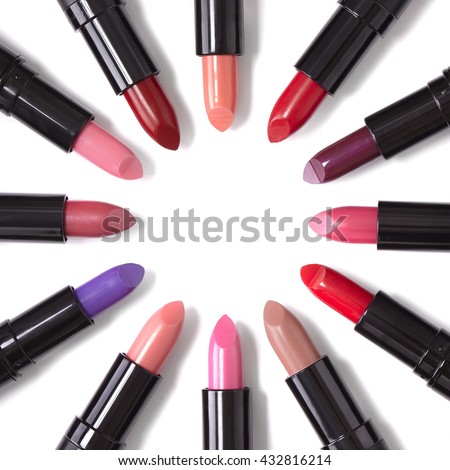 Lipstick colors arranged in a circle and isolated on a white background to form a page border