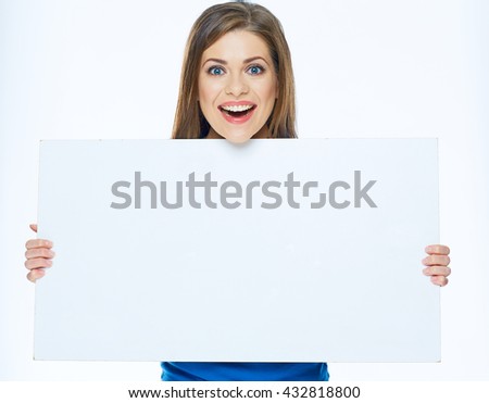 Smiling woman holding advertising board. Big white banner with copy space.