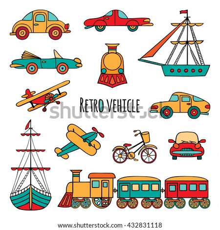 Set of retro transport. The objects drawn by hand on white background. Cars, locomotive, sailboat, plane, bicycle.