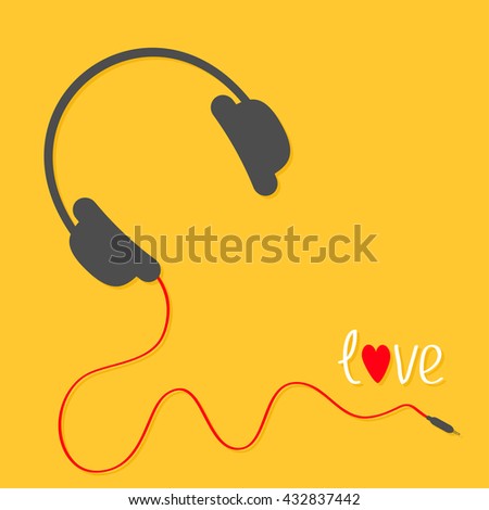 Headphones with red cord. Love card. White text heart. Flat design icon. Yellow background 