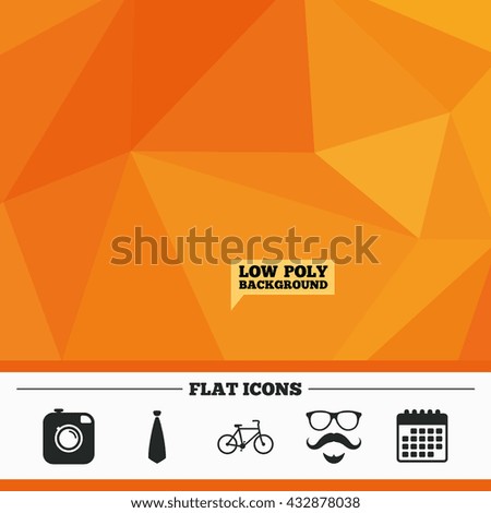 Triangular low poly orange background. Hipster photo camera. Mustache with beard icon. Glasses and tie symbols. Bicycle sign. Calendar flat icon. Vector