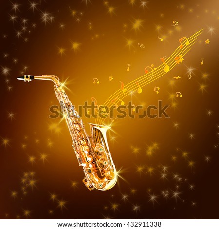 Golden saxophone and flowing notes against brown background