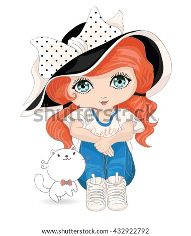 little girl and cute cat vector illustration 