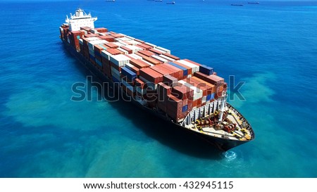 Large container ship at sea - Aerial footage Royalty-Free Stock Photo #432945115