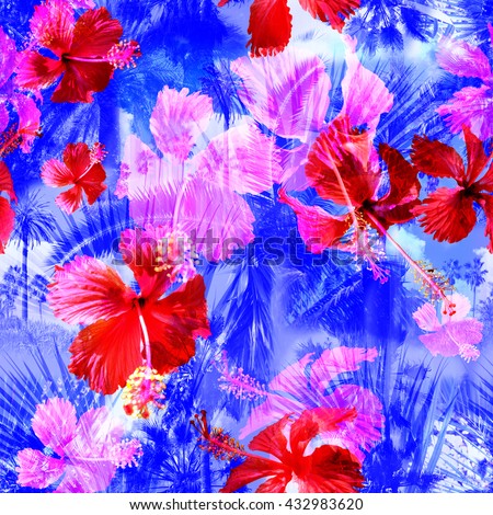 Beautiful palm trees and tropical flowers hibiscus seamless pattern. Colorful floral background. Clip art - photo collage - great artistic work for floral design. With layered effects.