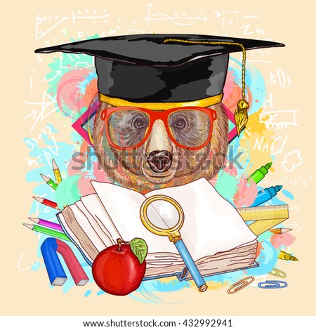 Education hipsters animals students bear goes to school vector illustration