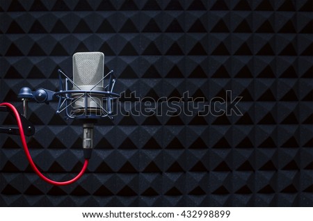 For radio stations and podcasts: background with professional microphone Royalty-Free Stock Photo #432998899