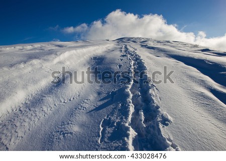Tracks in the snow in the mountains