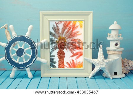 Poster mock up template with palm tree image and summer home interior decorations