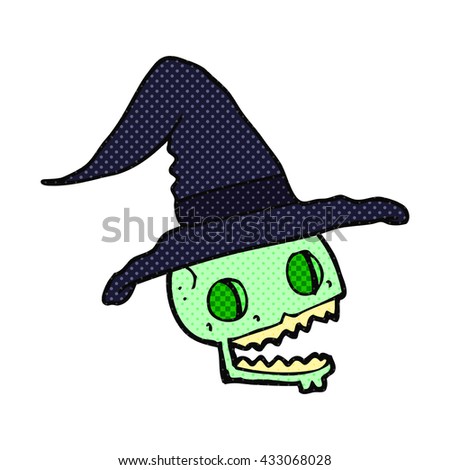 freehand drawn comic book style cartoon skull wearing witch hat