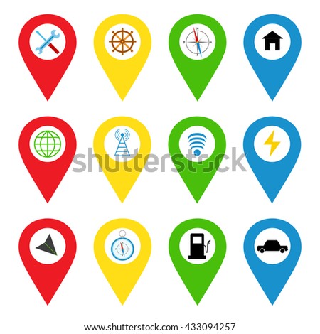 Navigation icons in bright flat style. Direction, maps, world, traffic, car, repair, home, wi-fi, powerhouse and more. GPS icons set, vector illustration.