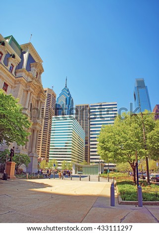 Penn Square and Penn Center and skyline of skyscrapers in Philadelphia, in Pennsylvania, USA. It is central business district in Philadelphia. Tourists nearby