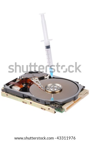 Destroying data from hard disk - conceptual photo. On white background