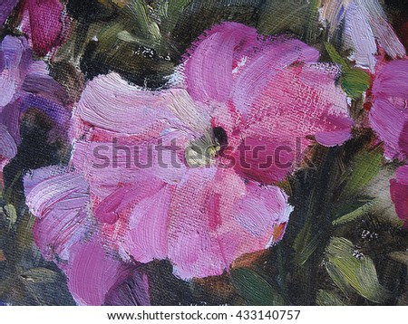 Abstract oil paint texture on canvas. . Oil texture, creative backdrop with artistic brush strokes. Illustration for your design. Image petunias.