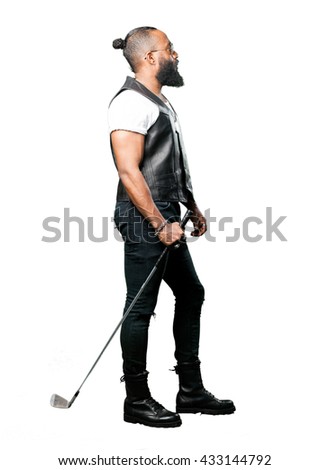 full body black man holding a golf club
