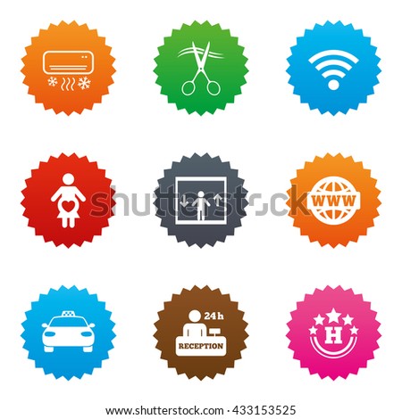 Hotel, apartment service icons. Barbershop sign. Pregnant woman, wireless internet and air conditioning symbols. Stars label button with flat icons. Vector