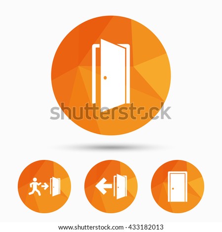 Doors icons. Emergency exit with human figure and arrow symbols. Fire exit signs. Triangular low poly buttons with shadow. Vector