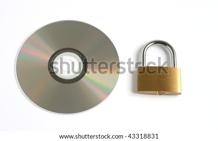 locked closed padlock and CD disk isolated on white background