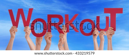 Many People Hands Holding Red Word Workout Blue Sky